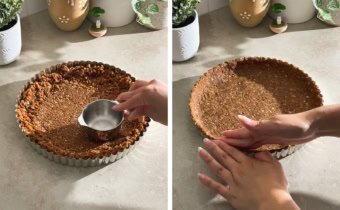 Left to right: pressing biscoff crust into a tart pan with a measuring cup, pressing biscoff crust into the edges of a tart pan with two fingers.