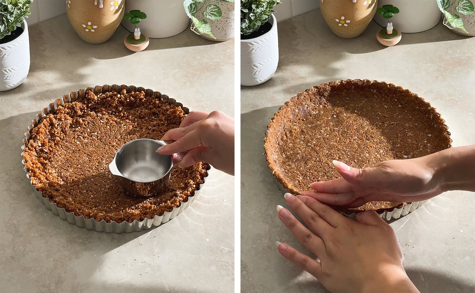 Left to right: pressing biscoff crust into a tart pan with a measuring cup, pressing biscoff crust into the edges of a tart pan with two fingers.