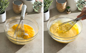 Left to right: mango filling ingredients in a mixing bowl with a whisk, whisking mango filling mixture in a bowl.