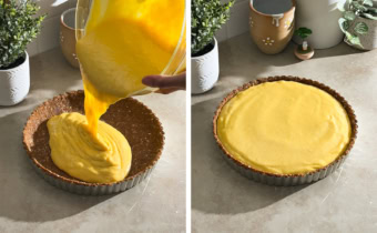 Left to right: pouring mango tart filling into tart shell, mango tart before baking.