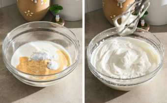 Left to right: whipping cream and ingredients in a bowl, whipped cream with stiff peaks in a mixing bowl.