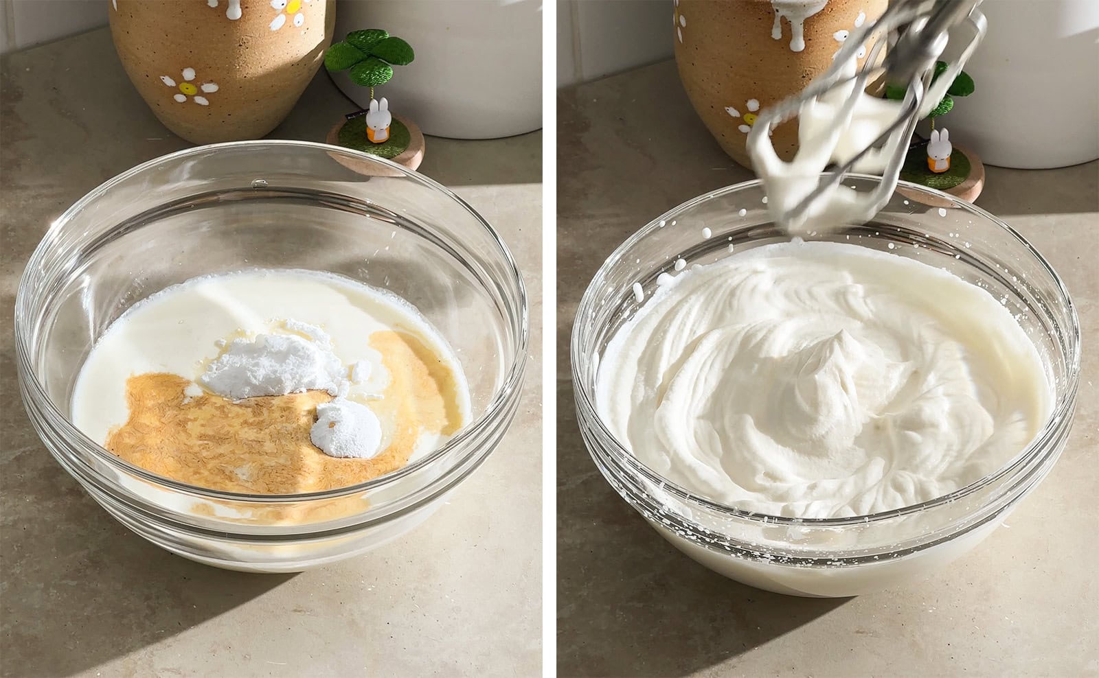 Left to right: whipping cream and ingredients in a bowl, whipped cream with stiff peaks in a mixing bowl.