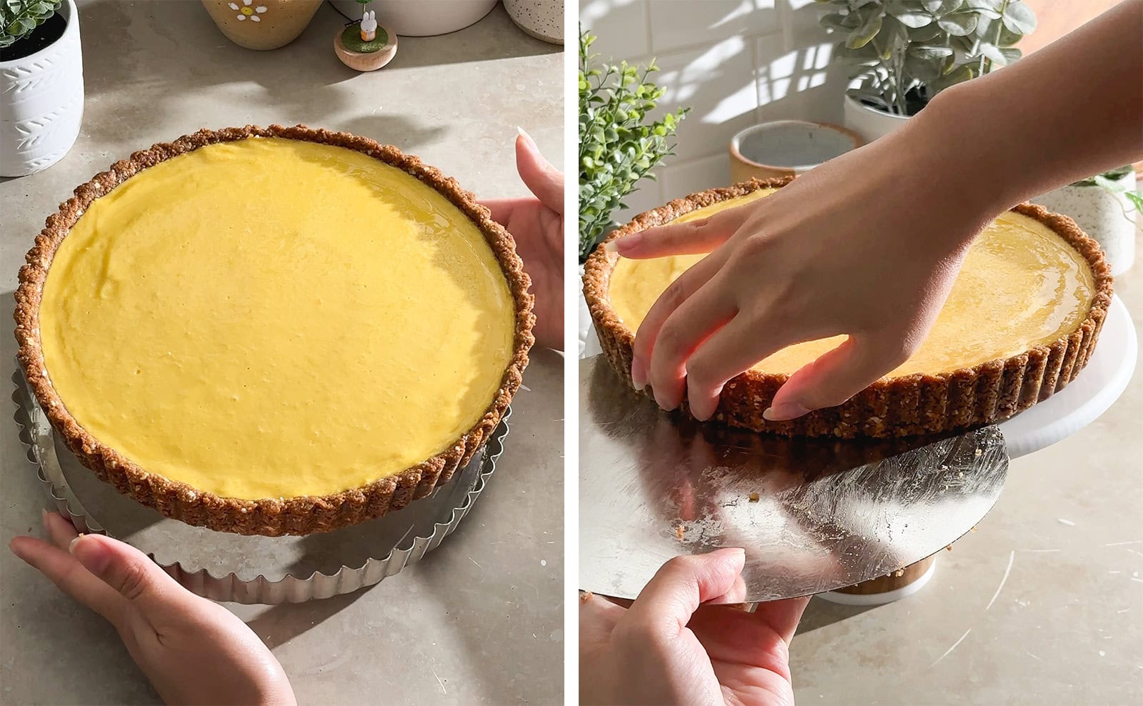 Left to right: two hands pulling tart ring off of tart, hands sliding tart pan out from under tart.