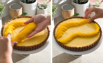Left to right: hands placing mango slices on top of tart, hand arranging mango slices on top of tart.