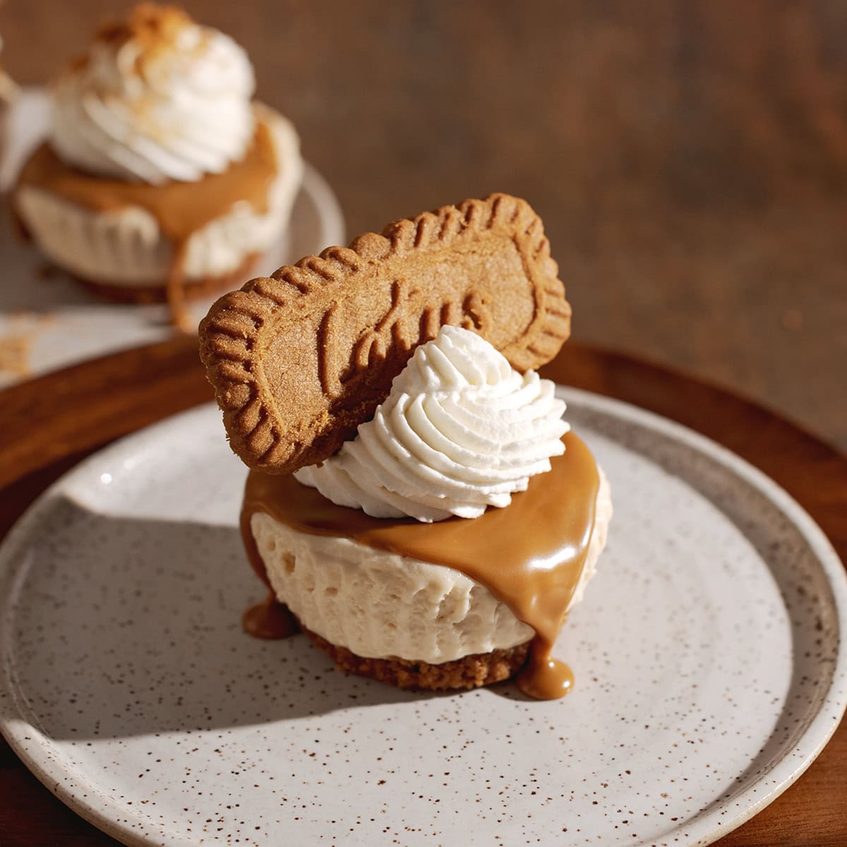 A mini biscoff cheesecake on a plate with biscoff spread dripping down the side.