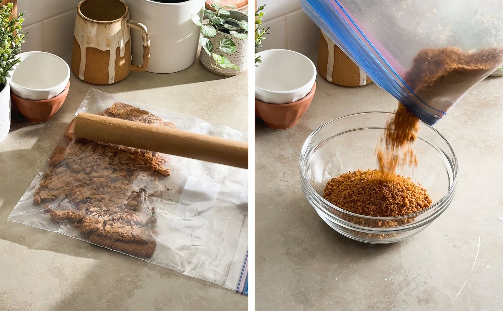 Left to right: whacking biscoff cookies in a ziploc bag with a rolling pin, pouring crushed biscoff crumbs into a bowl.