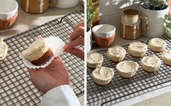 Left to right: hands peeling the parchment liner off a mini cheesecake, unwrapped mini cheesecakes lined up on a wire rack.