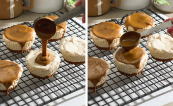 Left to right: pouring a spoonful of biscoff spread on top of a cheesecake, spreading biscoff spread on top of a cheesecake with the back of a spoon.
