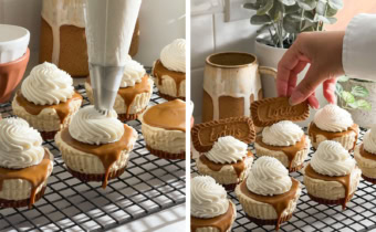 Left to right: piping whipped cream on top of a mini biscoff cheesecake, hand placing a biscoff cookie on top of a cheesecake.