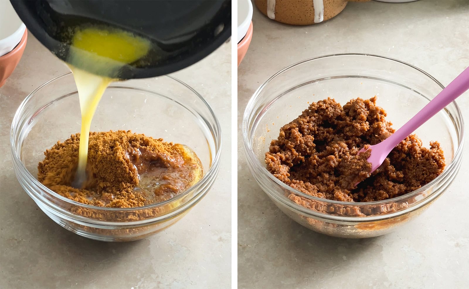 Left to right: pouring melted butter into bowl of crushed biscoff, biscoff crust mixture in a bowl with a spatula.
