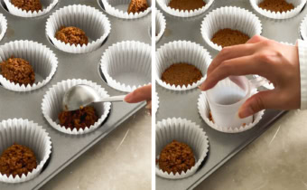 Left to right: adding a spoonful of biscoff crust mixture to a lined muffin pan, pressing down cheesecake crust with a measuring cup.
