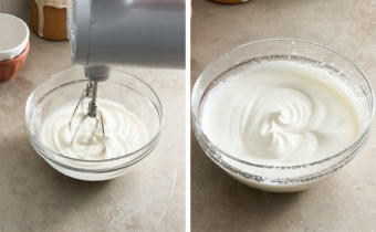 Left to right: beating whipping cream in a bowl with a hand mixer, whipped cream in a bowl.