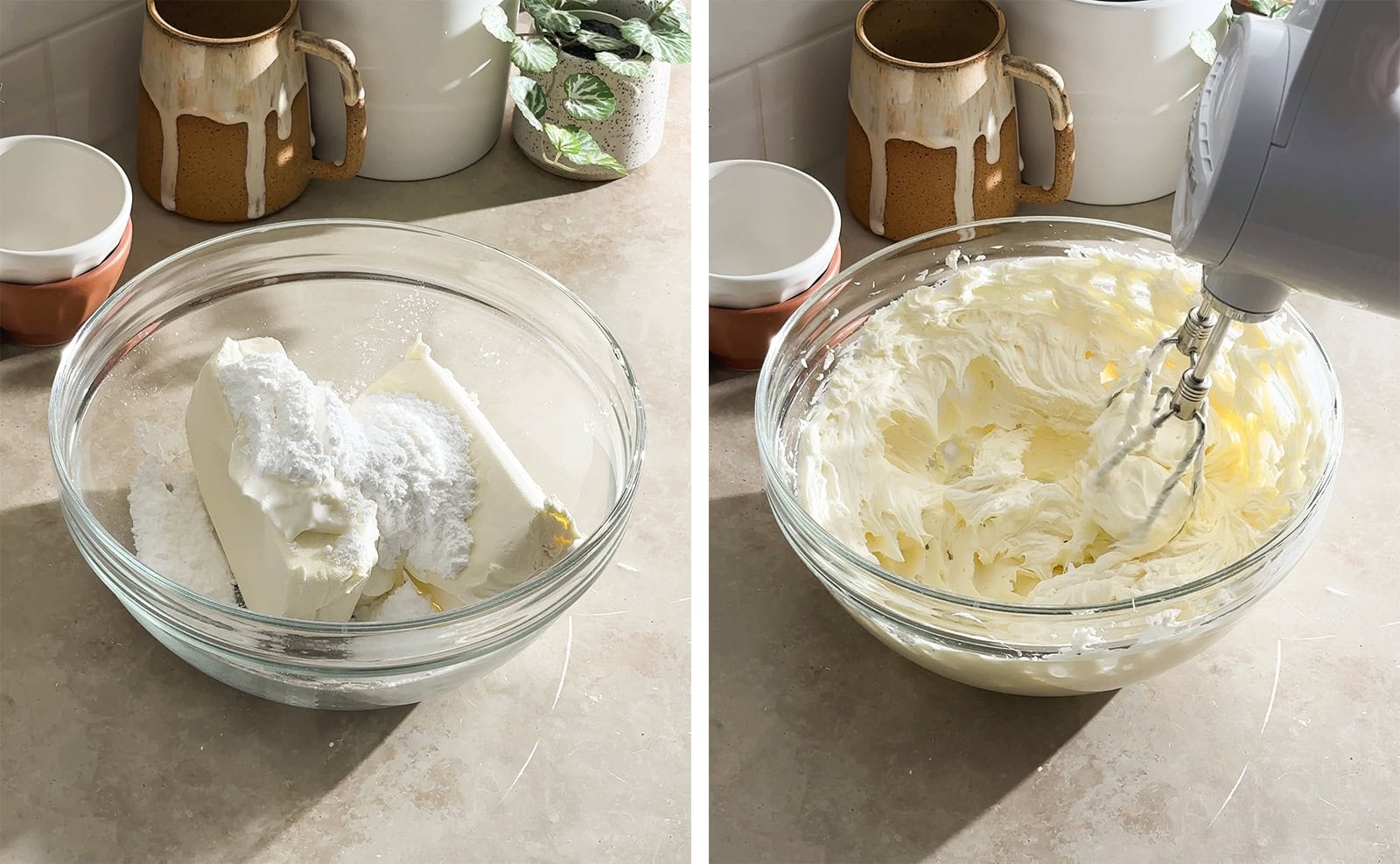 Left to right: cream cheese and sugar in a mixing bowl, mixing cheesecake batter in a bowl with a hand mixer.