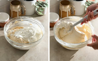 Left to right: whipped cream in a bowl of cheesecake batter, folding whipped cream into cheesecake batter with a spatula.