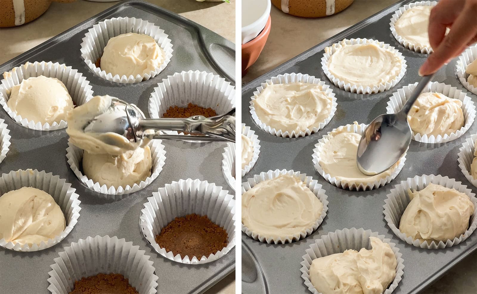 Left to right: adding cheesecake batter to muffin pan with an ice cream scooper, smoothing cheesecake batter into muffin liner with the back of a spoon.