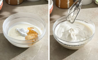Left to right: whipped cream ingredients in a bowl, whipped cream in a bowl.