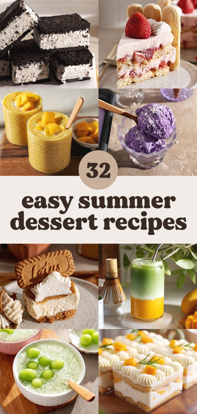 Eight images of various desserts with a text overlay that says "32 easy summer dessert recipes".