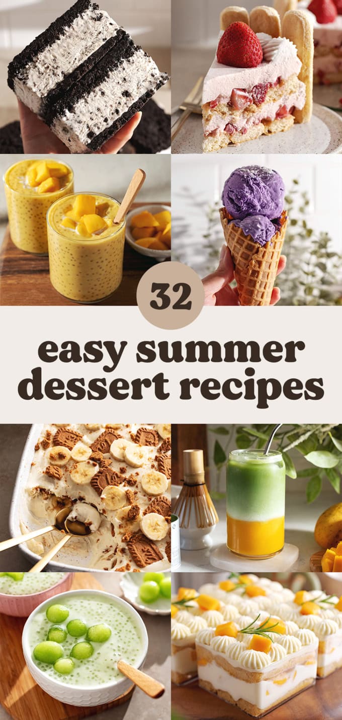 Eight images of various desserts with a text overlay that says "32 easy summer dessert recipes".
