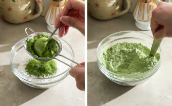 Left to right: sifting matcha powder into a bowl of flour, mixing dry ingredients with a spoon.