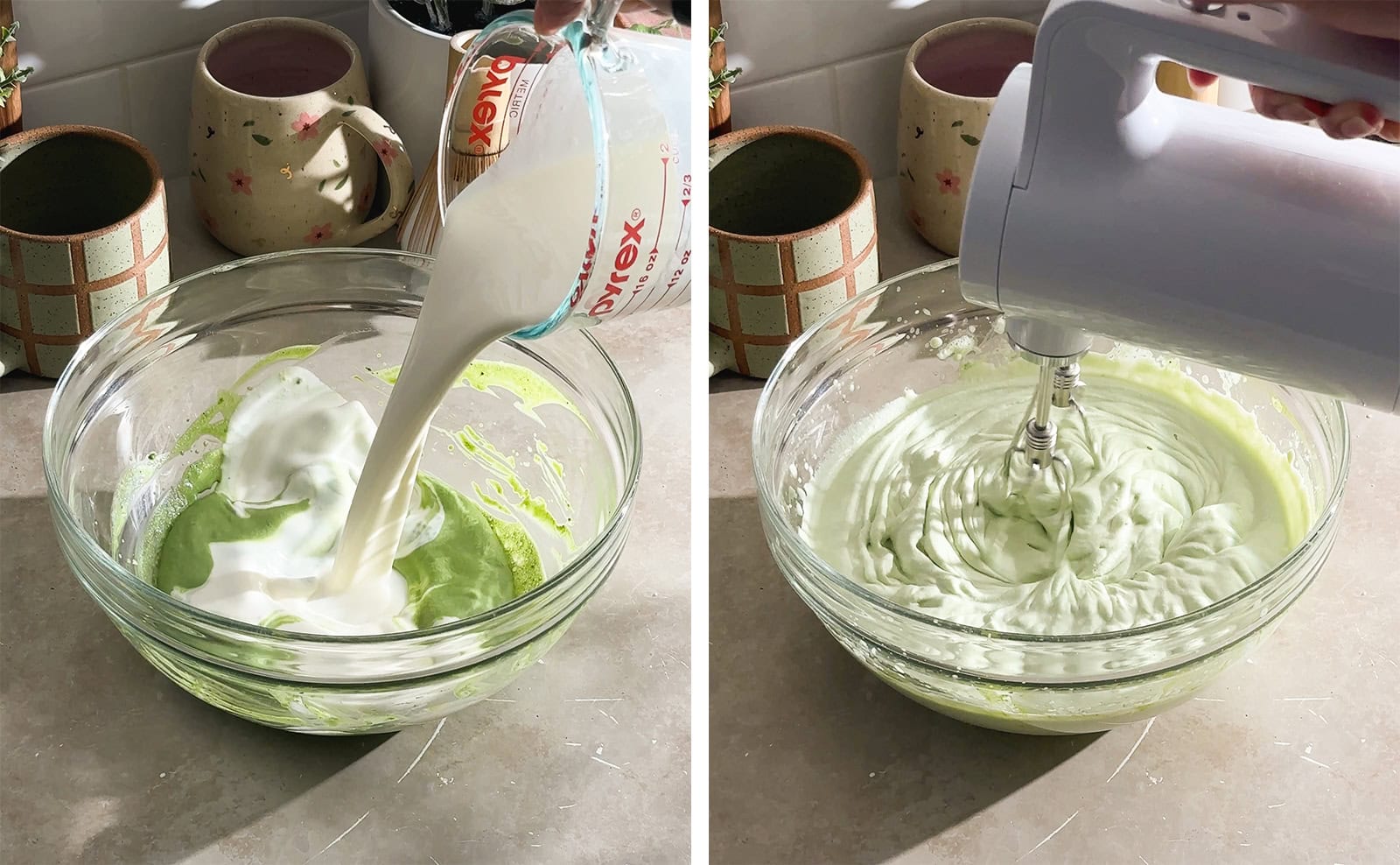 Left to right: pouring whipping cream into a bowl of matcha cream, beating whipped cream with a hand mixer.