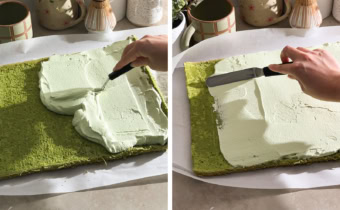 Two images of hand spreading whipped cream on a cake sheet with an offset spatula.