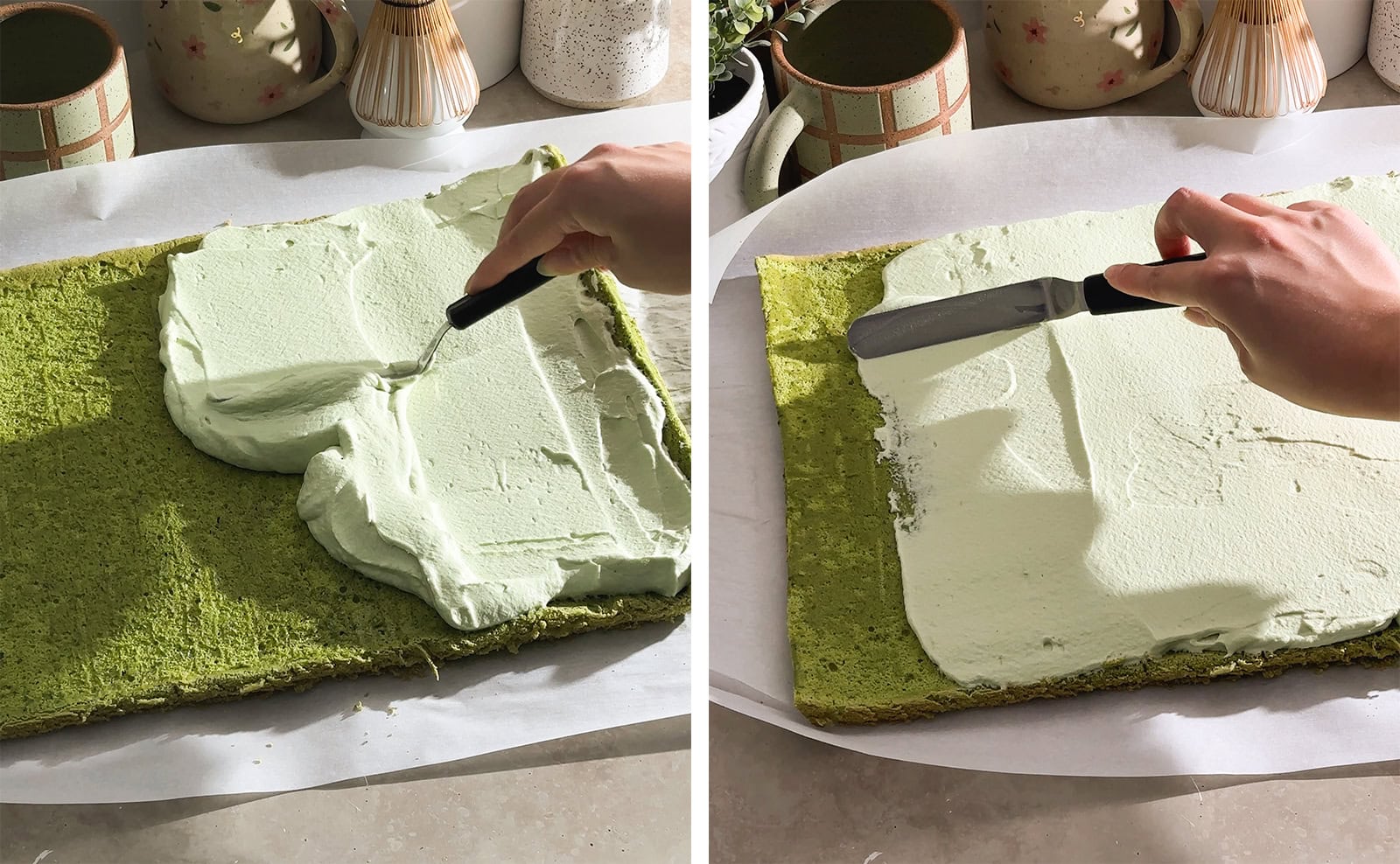 Two images of hand spreading whipped cream on a cake sheet with an offset spatula.