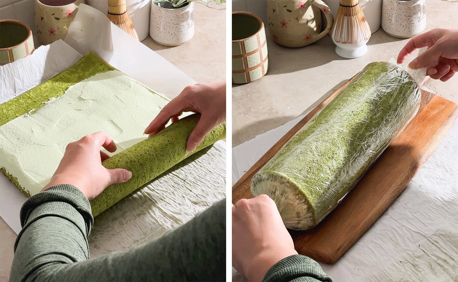 Left to right: hands rolling up cake roll, hands wrapping cake roll in plastic wrap.