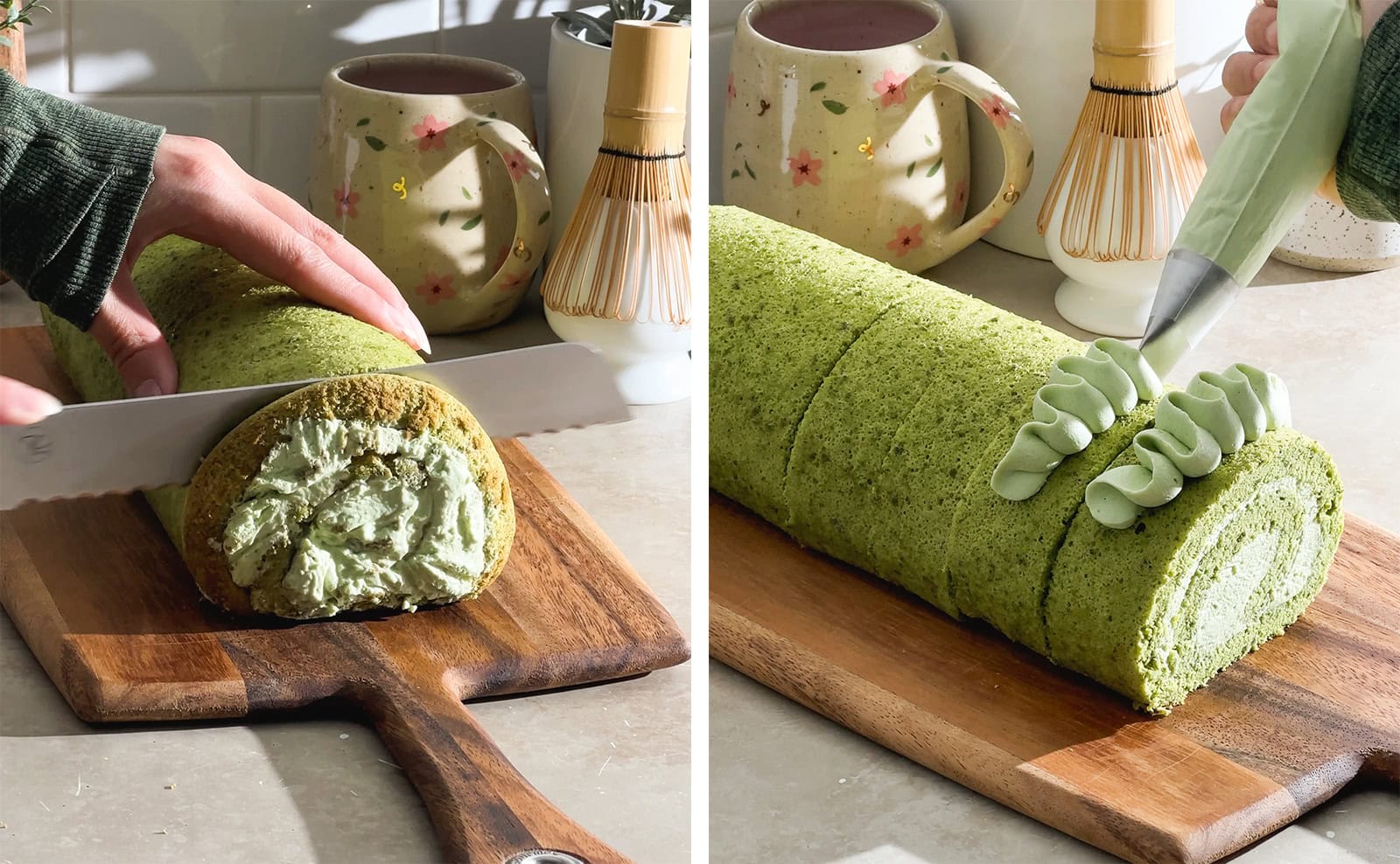 Left to right: cutting the end of a cake roll off with a knife, piping whipped cream on top of slices of roll cake.