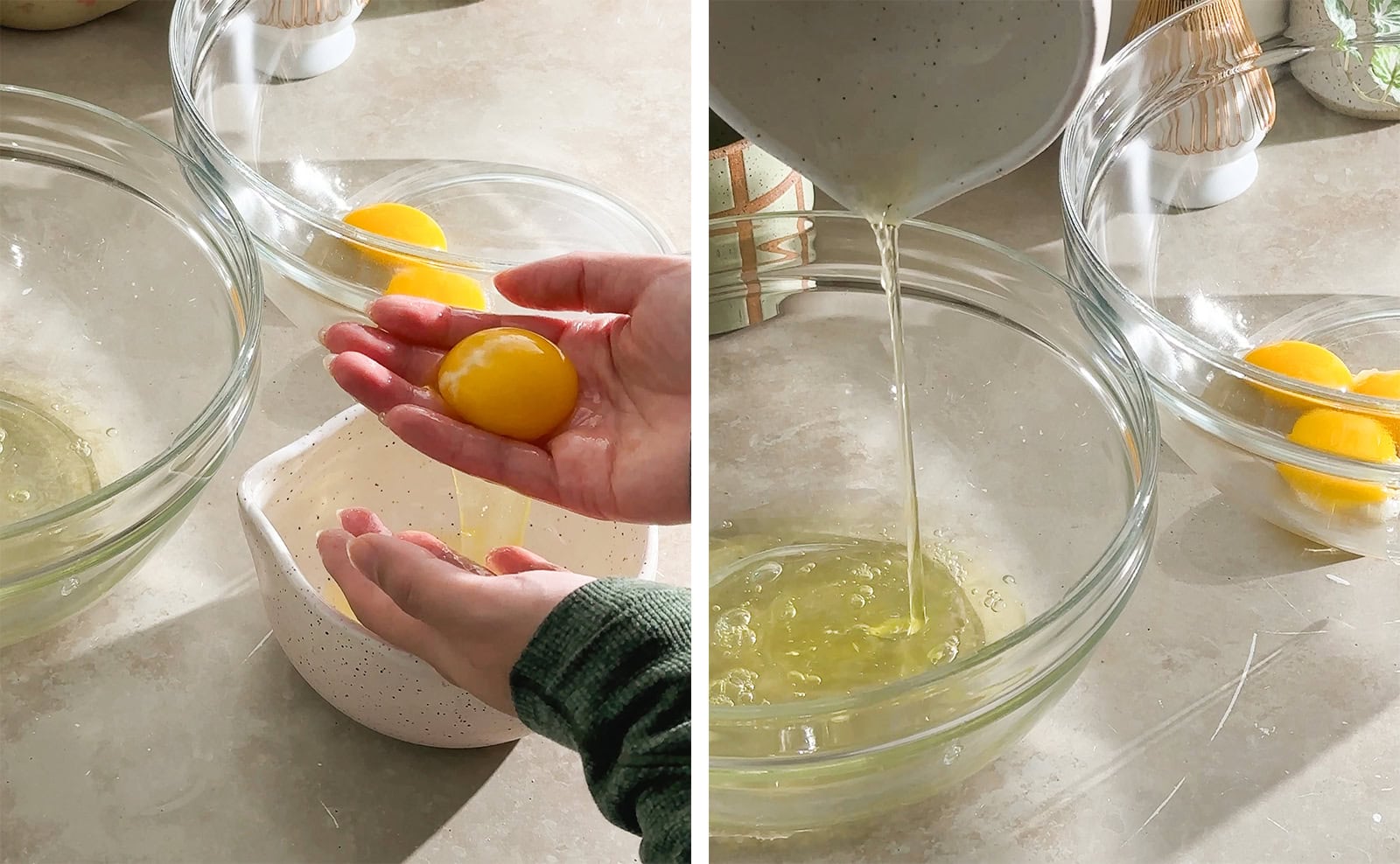 Left to right: hand holding an egg yolk above a bowl, pouring egg whites into a mixing bowl.