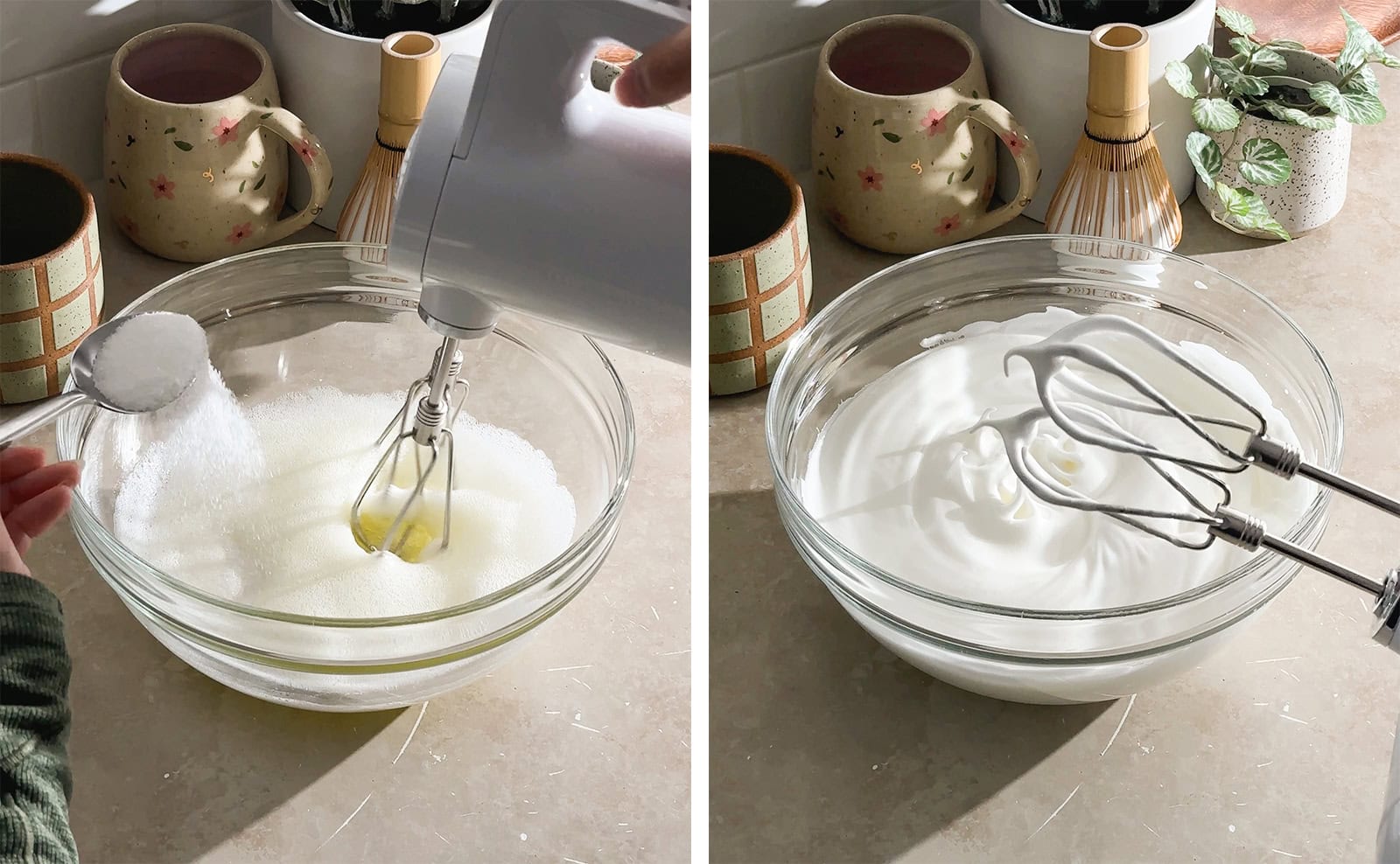 Left to right: sprinkling sugar into egg whites while mixing with hand mixer, stiff peaks of meringue on hand mixer.