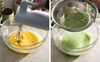 Left to right: mixing egg yolk mixture with hand mixer, sifting flour mixture into egg yolk mixture.