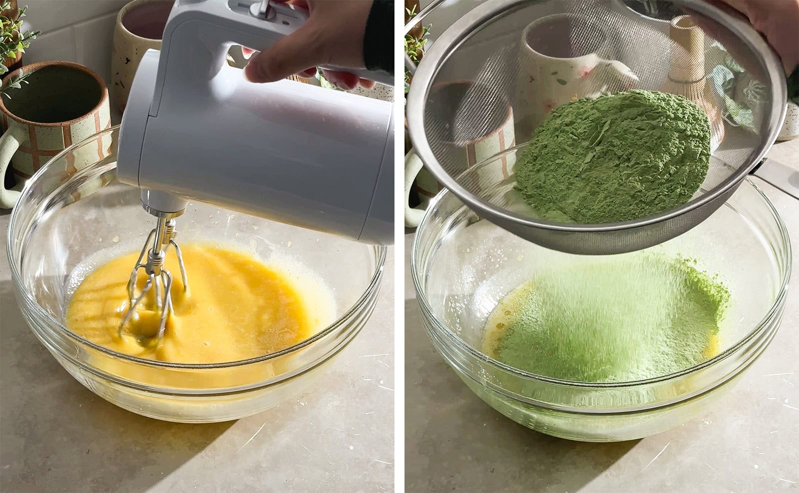 Left to right: mixing egg yolk mixture with hand mixer, sifting flour mixture into egg yolk mixture.