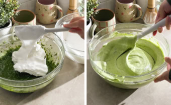 Left to right: dropping meringue into a bowl of cake batter from a spatula, folding cake batter with a spatula.