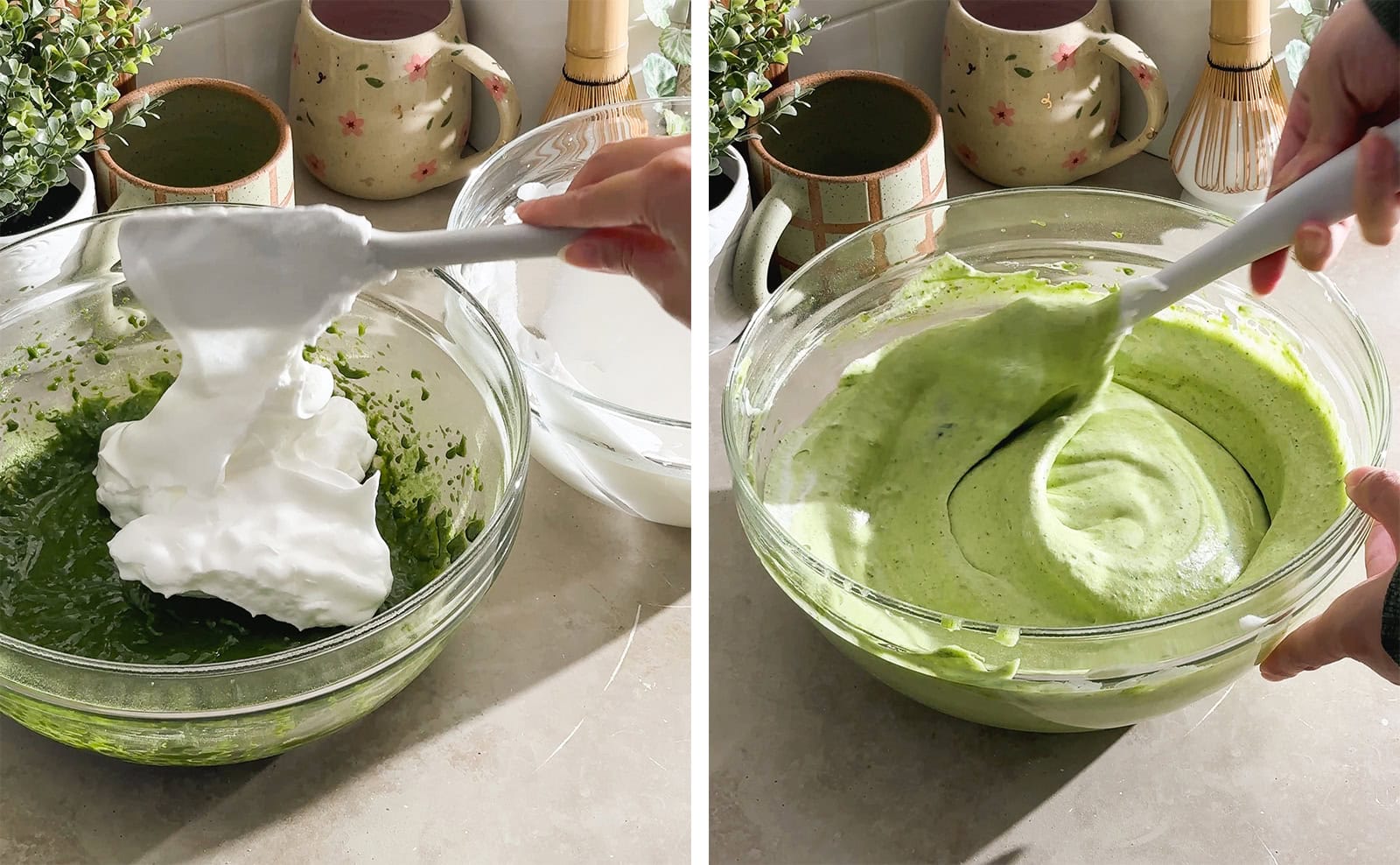 Left to right: dropping meringue into a bowl of cake batter from a spatula, folding cake batter with a spatula.