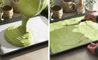 Left to right: pouring cake batter into baking tray, spreading cake batter into an even layer with an offset spatula.