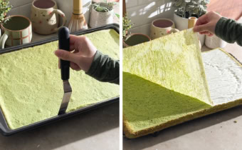 Left to right: sliding an offset spatula around a cake pan, peeling parchment paper off of cake sheet.