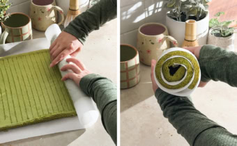 Left to right: hands rolling cake sheet with parchment paper, side view of cake rolled up with parchment paper.