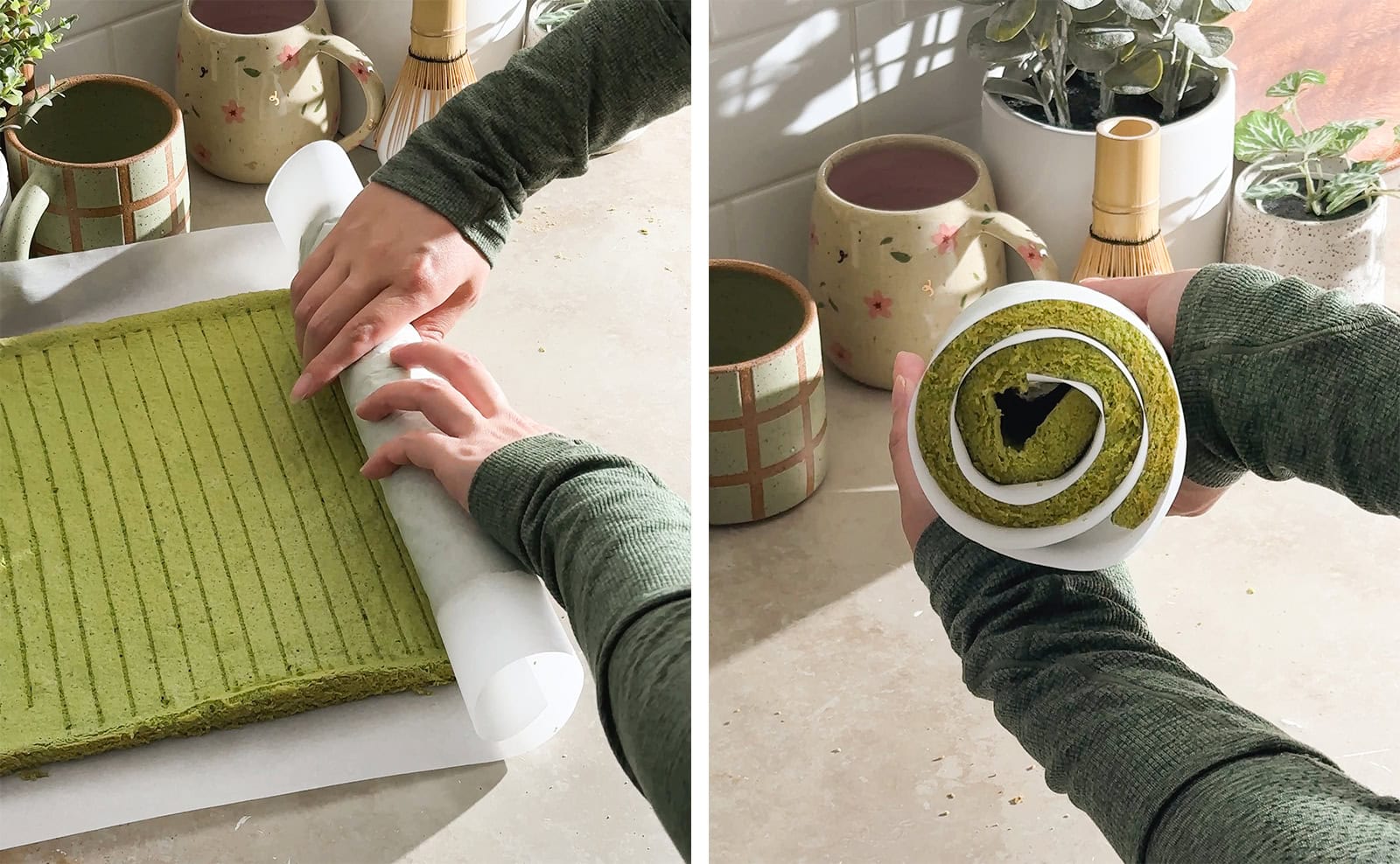 Left to right: hands rolling cake sheet with parchment paper, side view of cake rolled up with parchment paper.