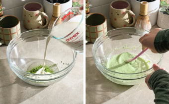 Left to right: pouring whipping cream into bowl of matcha powder, mixing matcha powder and whipping cream together with a spatula.