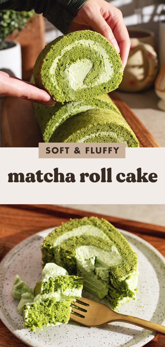 Two images of a matcha roll cake with a text overlay that says "soft and fluffy matcha roll cake".