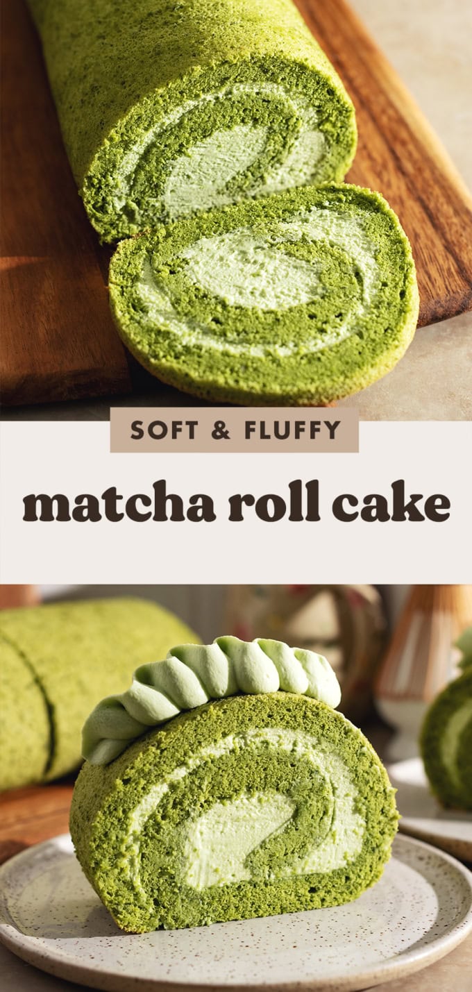Two images of a matcha roll cake with a text overlay that says "soft and fluffy matcha roll cake".