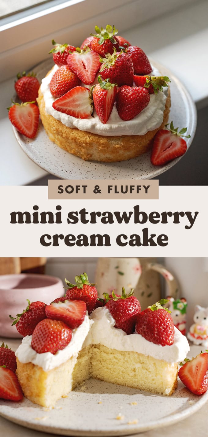 Two images of a mini strawberry cream cake with a text overlay that says "soft and fluffy mini strawberry cream cake".
