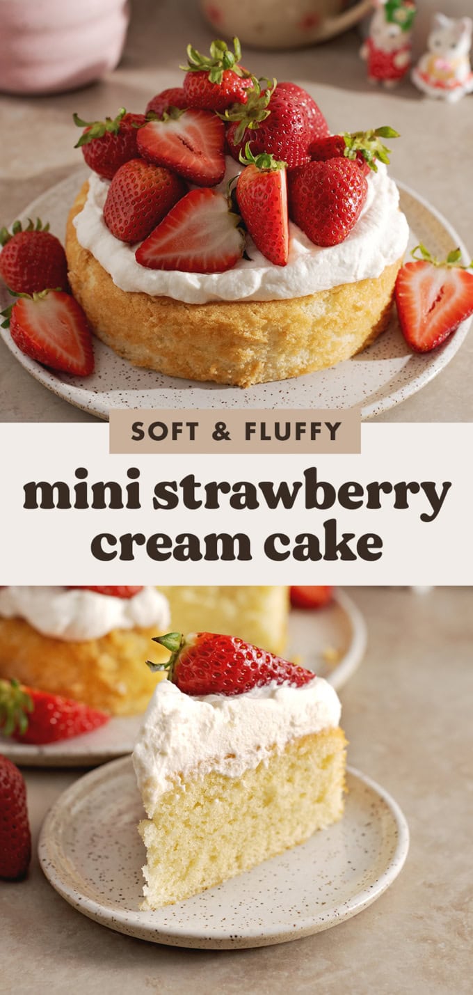 Two images of a mini strawberry cream cake with a text overlay that says "soft and fluffy mini strawberry cream cake".