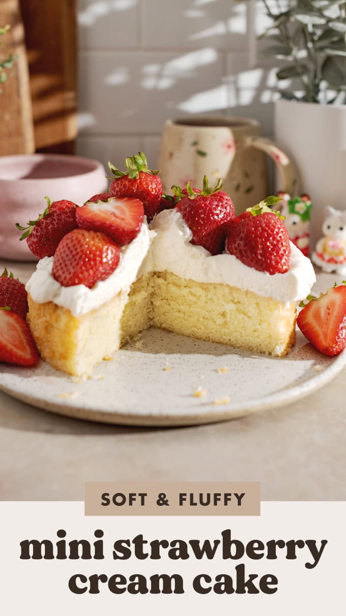 A cross section view of a cake to show the layers of cake, whipped cream, and strawberries inside.