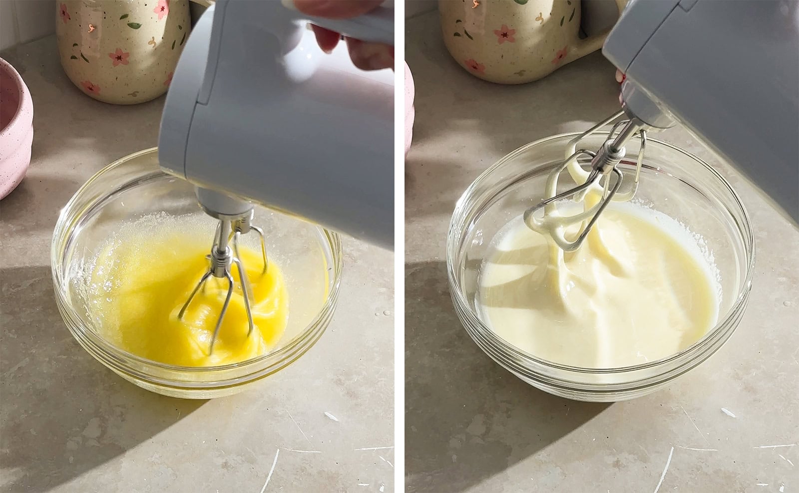 Left to right: beating eggs and sugar with a hand mixer in a bowl, whipped eggs dripping off hand mixer.