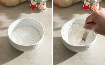 Left to right: dry ingredients in a bowl, stirring dry ingredients together with a spoon.