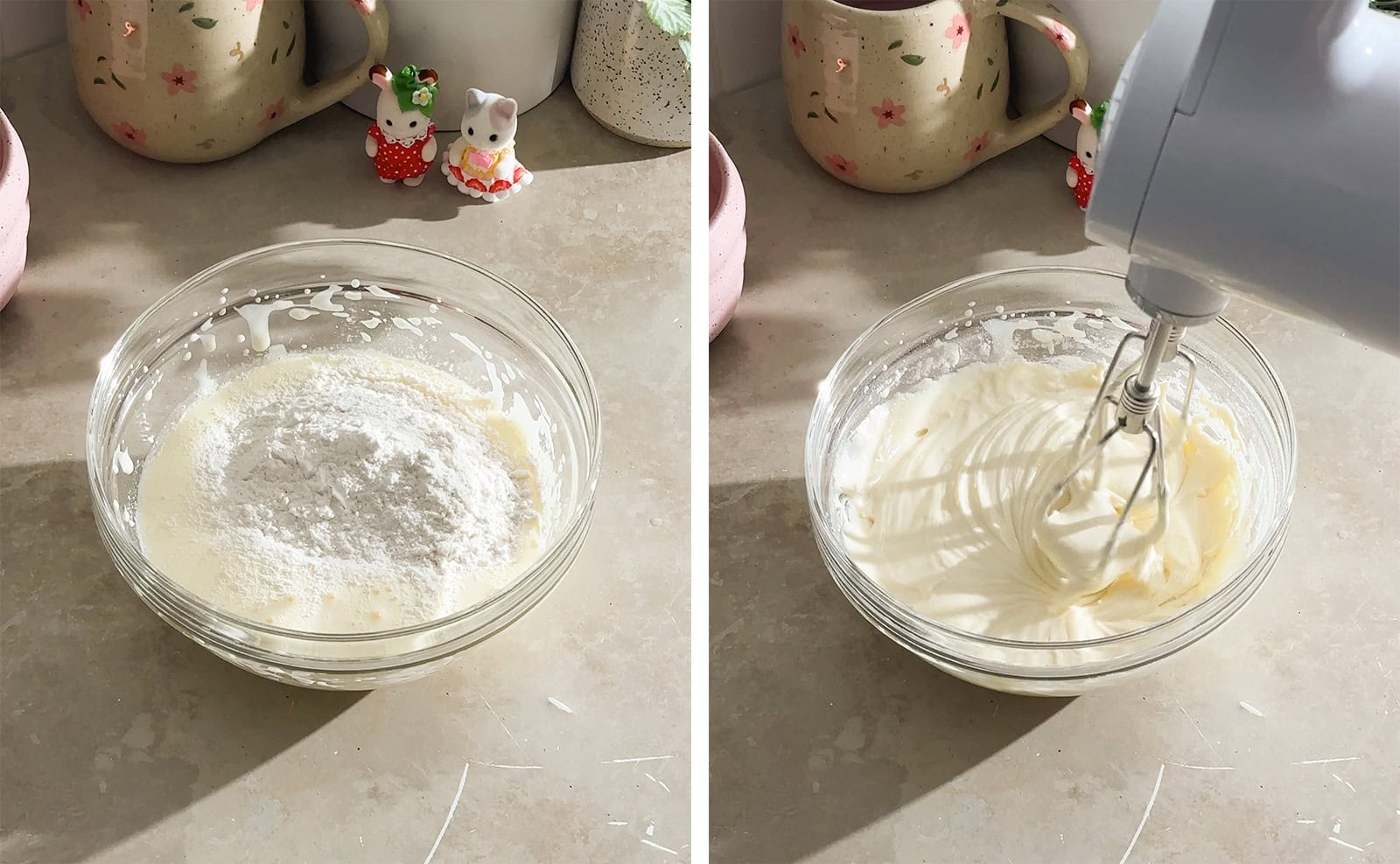 Left to right: flour mixture in a bowl of egg mixture, mixing cake batter with a hand mixer.