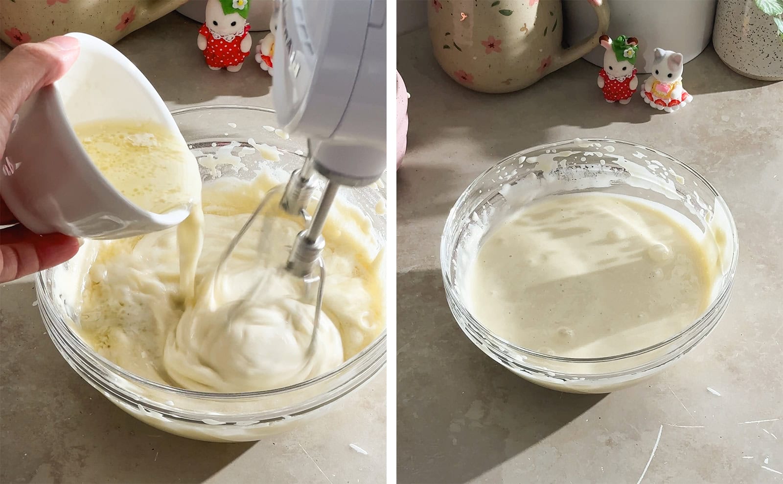Left to right: pouring hot milk mixture into cake batter, cake batter in a mixing bowl.