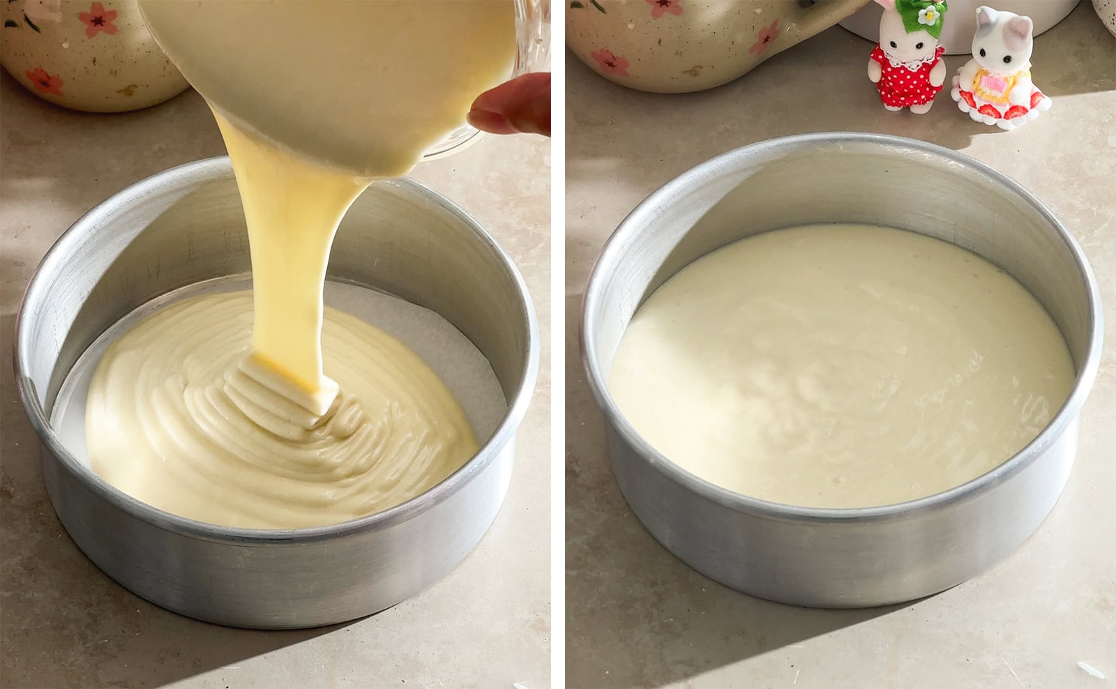 Left to right: pouring cake batter into a cake pan, cake batter in a round pan.