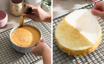Left to right: running an offset spatula around the edge of a cake, peeling parchment paper off a cake.